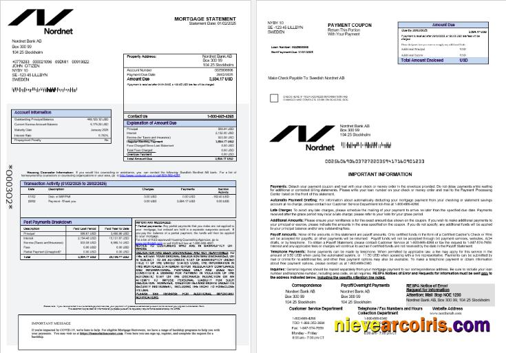 Swedish Nordnet AB bank mortgage statement 1-2